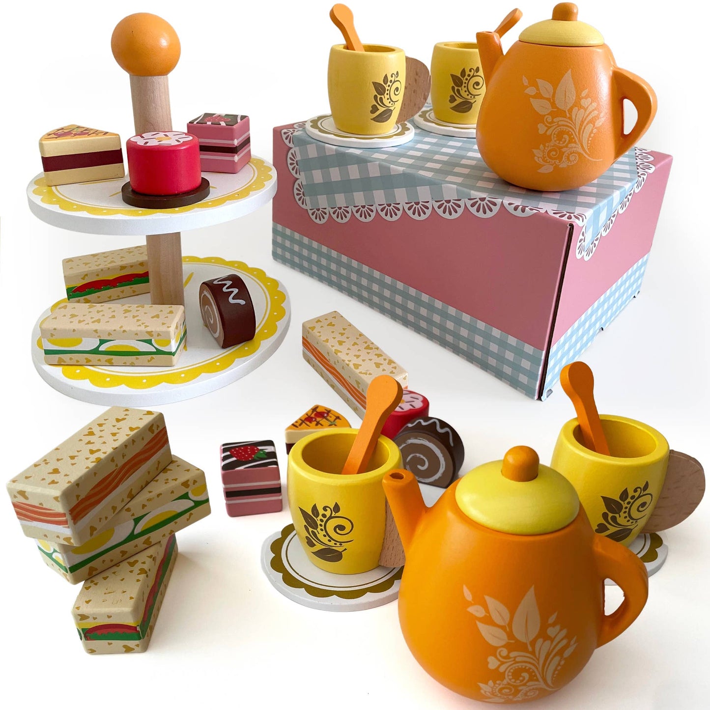 Wooden Afternoon Tea Set with Tea Pot
