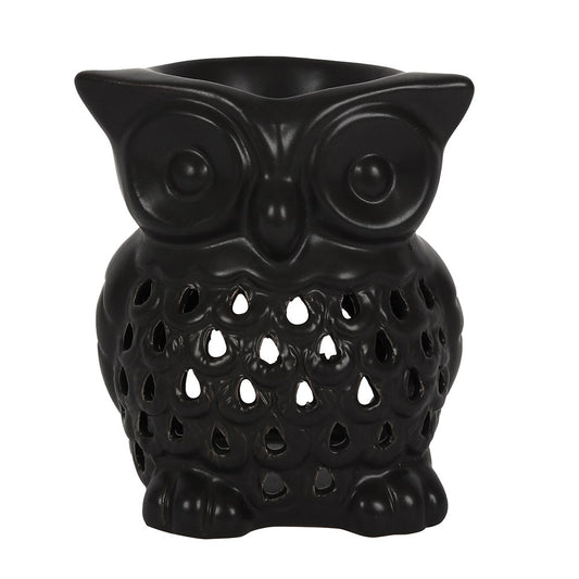 Black owl-shaped ceramic oil burner on a white background