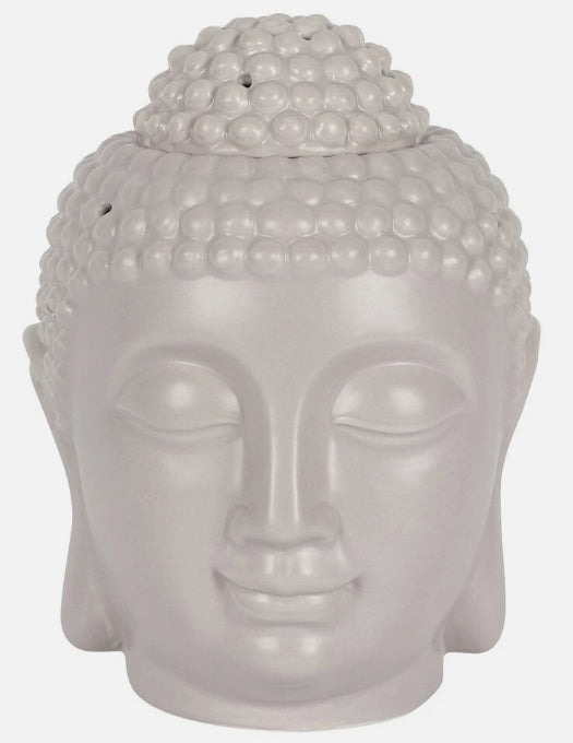 A grey ceramic Buddha head sculpture with a matching lid, shown front on
