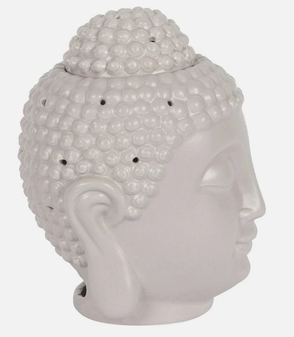A grey ceramic Buddha head wax burner with a textured, bubble-like hair pattern on the small top lid.