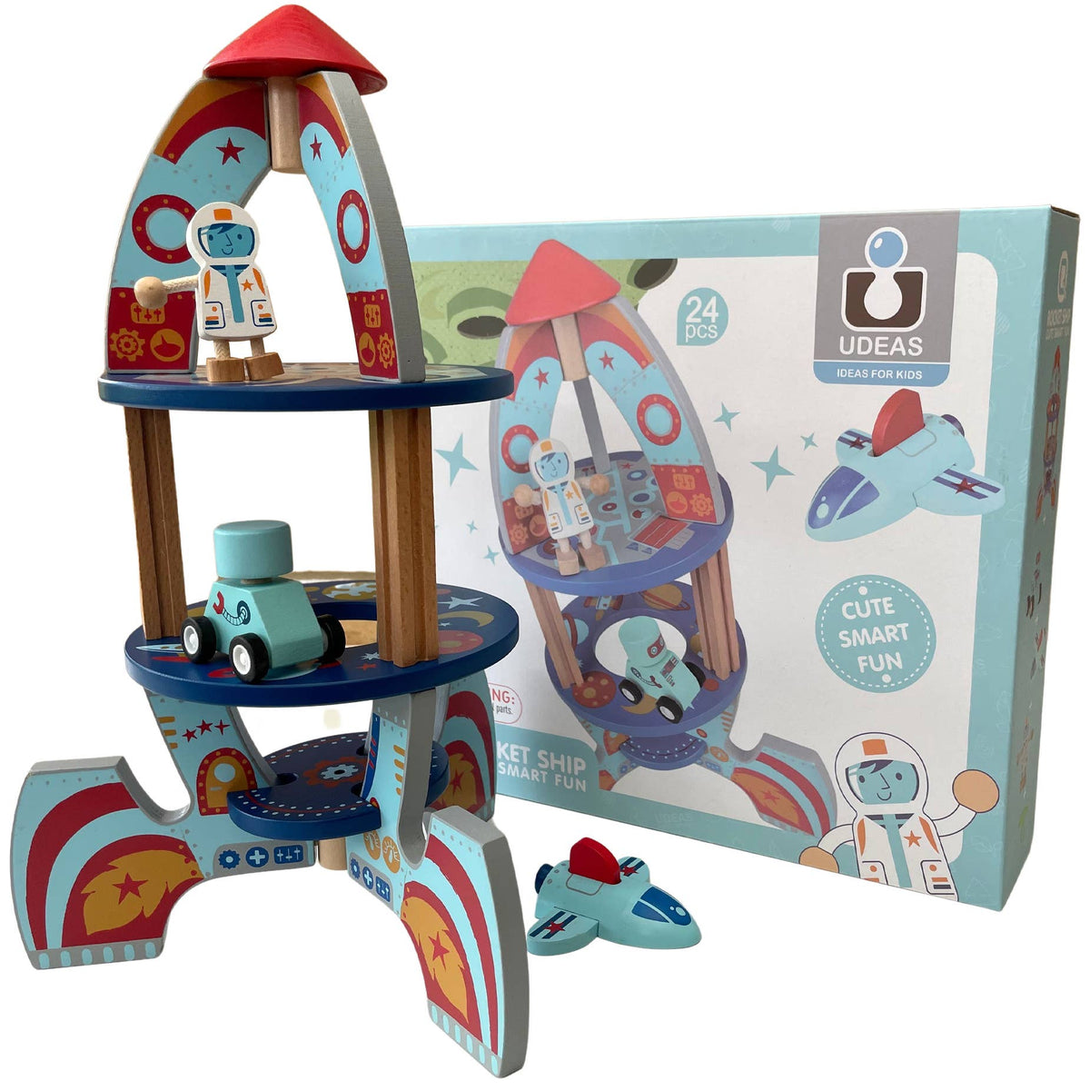 QPACK - Wooden Space Rocket with Play Pieces